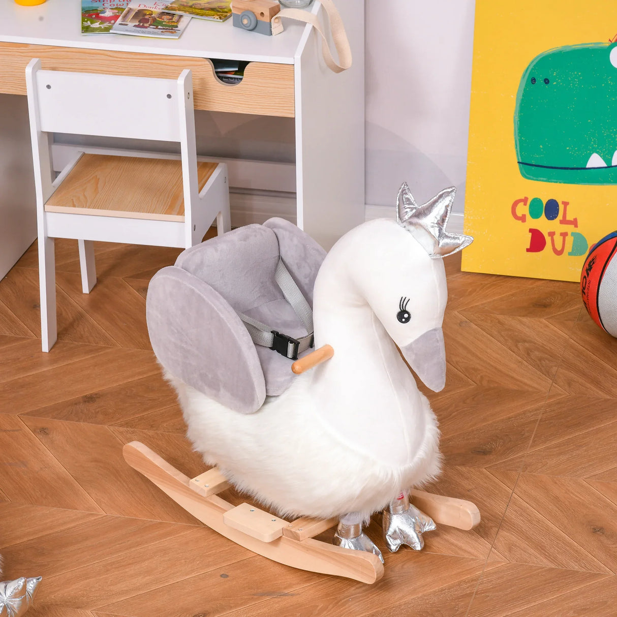 Plush Swan Toddler Rocking Horse With Sound Safety Belt - Omega Lifestyles