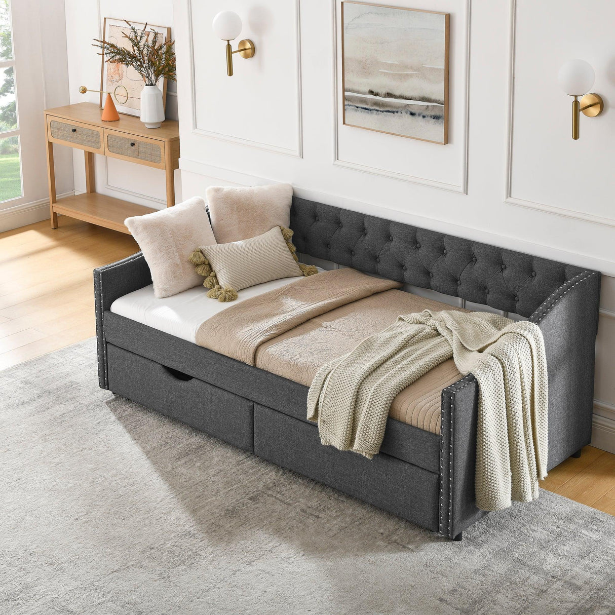 Twin Upholstered Tufted Daybed With Storage Drawers - Omega Lifestyles