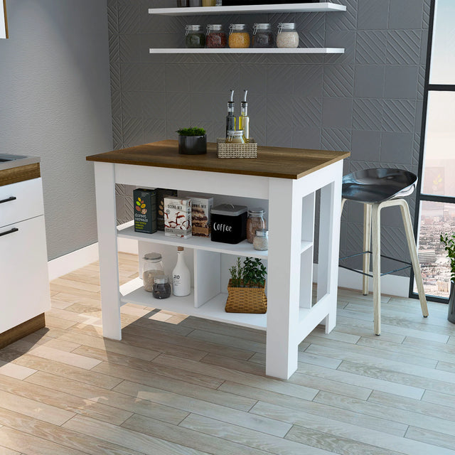 Modern Rustic Kitchen Island With Three Storage Shelves - Omega Lifestyles