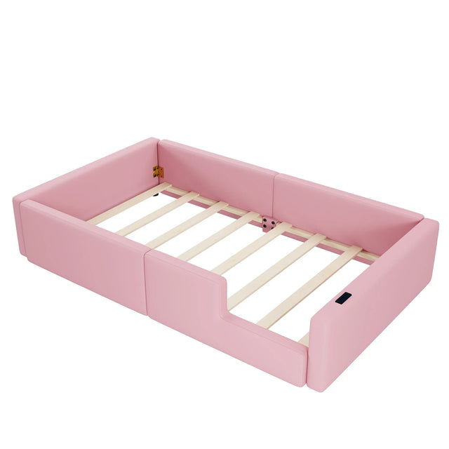 Twin Pink Upholstered Platform Bed With Guardrail Charging Station - Omega Lifestyles