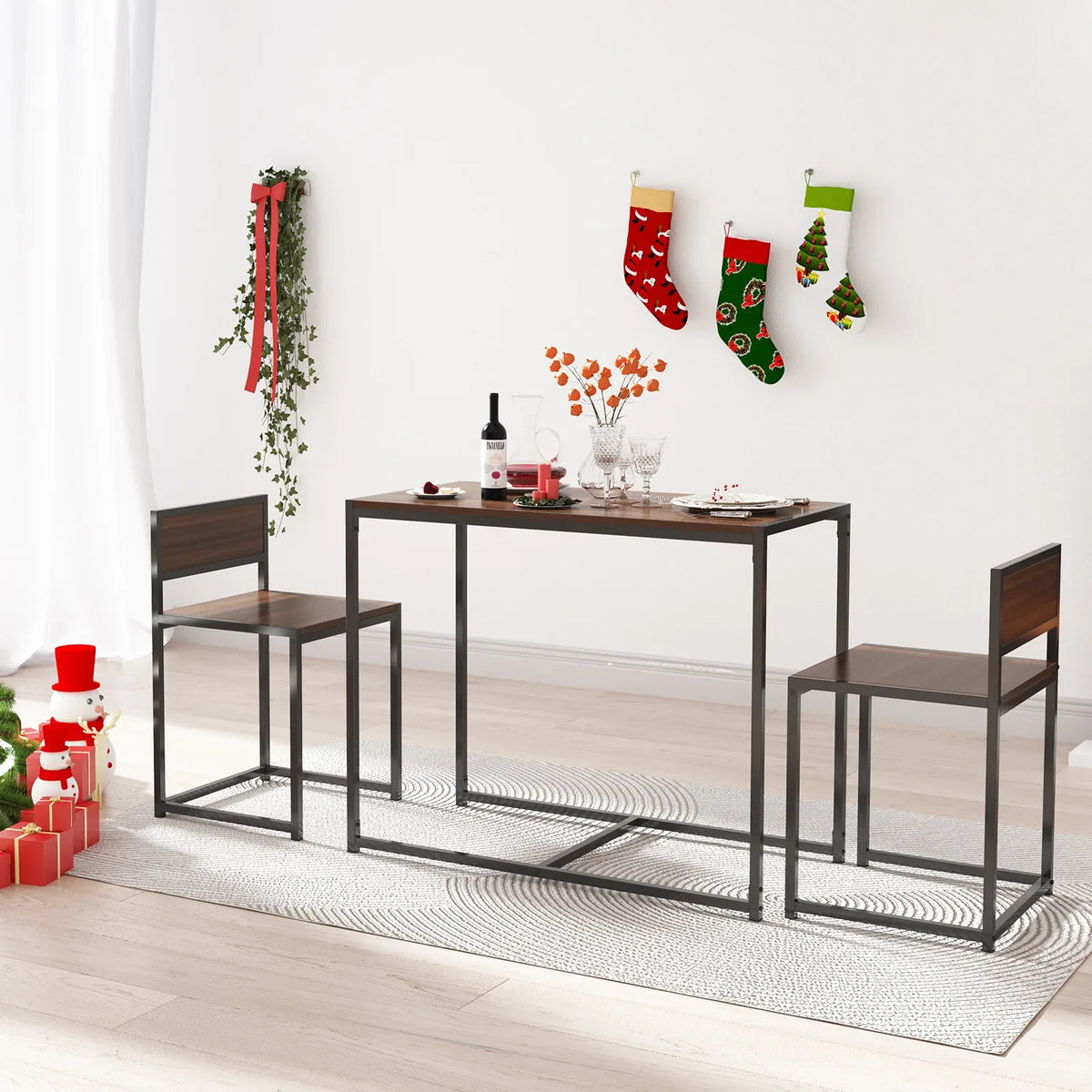 Modern Rectangular Brown MDF 3-Piece Dining Table Set - Omega Lifestyles