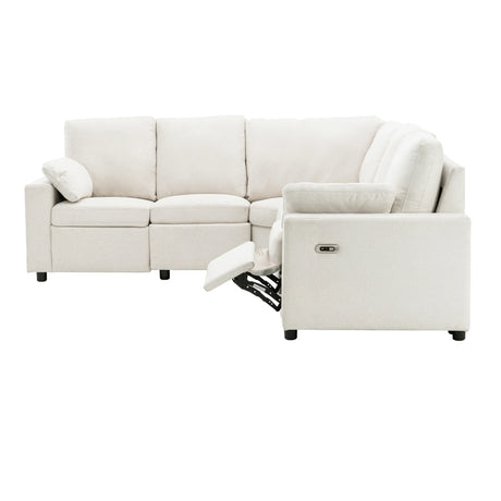 Beige Linen Fabric Power Recliner Sectional Sofa With USB Ports - Omega Lifestyles