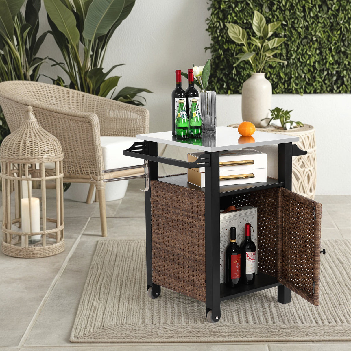 Outdoor Kitchen Wicker Rolling Cart With Stainless Steel Top