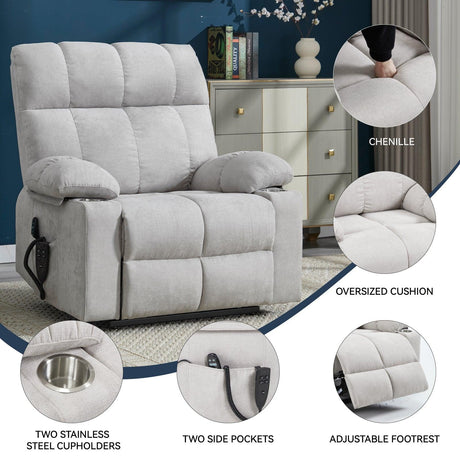 Beige Chenille Power Lift Recliner Chair With Massage Heating - Omega Lifestyles