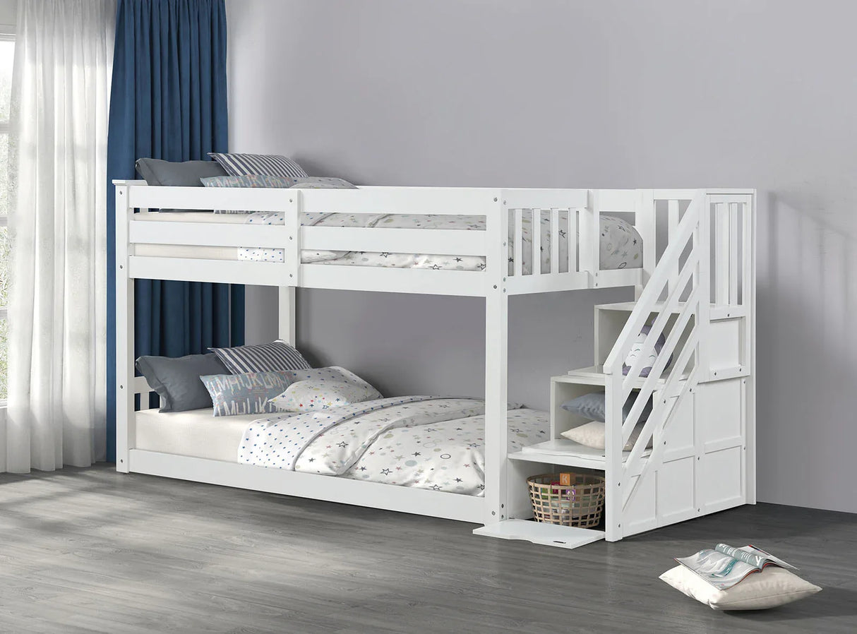 Transitional White Solid Pine Low Twin Over Twin Bunk Bed - Omega Lifestyles