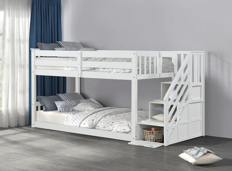 Transitional White Solid Pine Low Twin Over Twin Bunk Bed - Omega Lifestyles