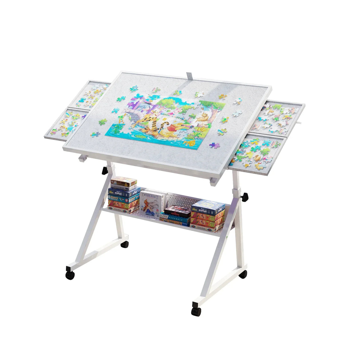 Adjustable Height Metal Puzzle Table With Storage Trays - Omega Lifestyles