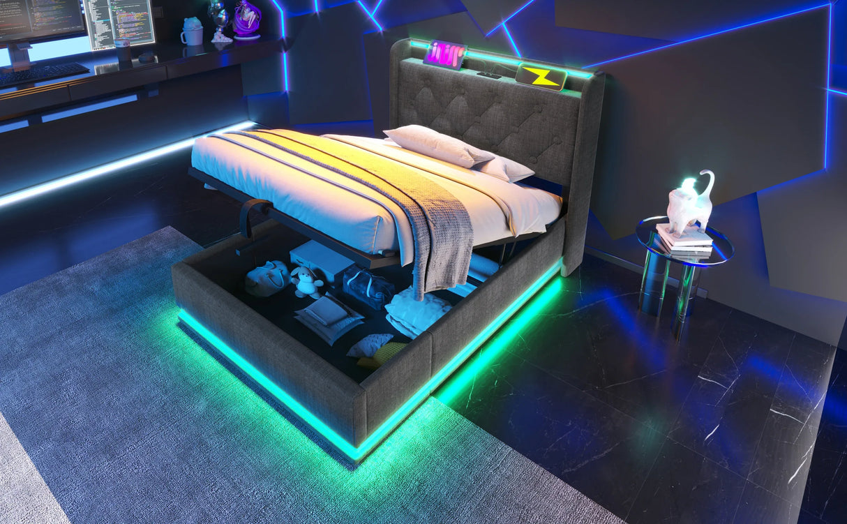 Twin Upholstered Linen Storage Bed With LED Lighting - Omega Lifestyles