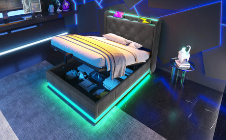 Twin Upholstered Linen Storage Bed With LED Lighting - Omega Lifestyles