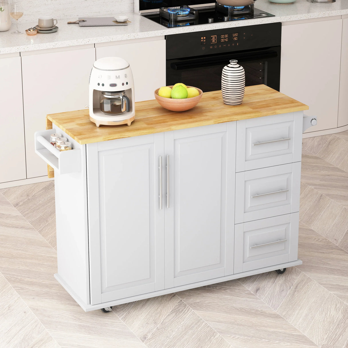 White Kitchen Island Cart With Storage Drawers And Wheels - Omega Lifestyles