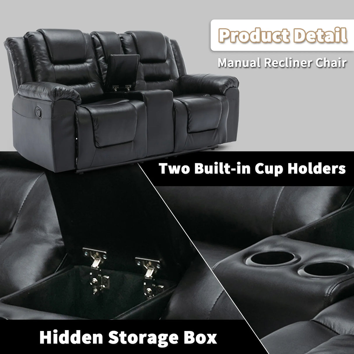 2-Seater Manual PU Leather Recliner Chair With Storage - Omega Lifestyles