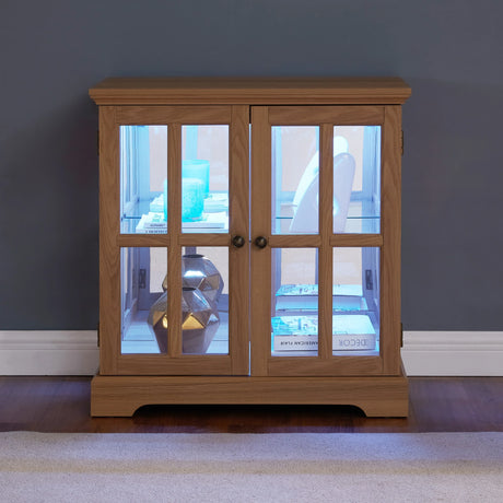 Antique Oak LED Glass Display Cabinet With Adjustable Shelves - Omega Lifestyles