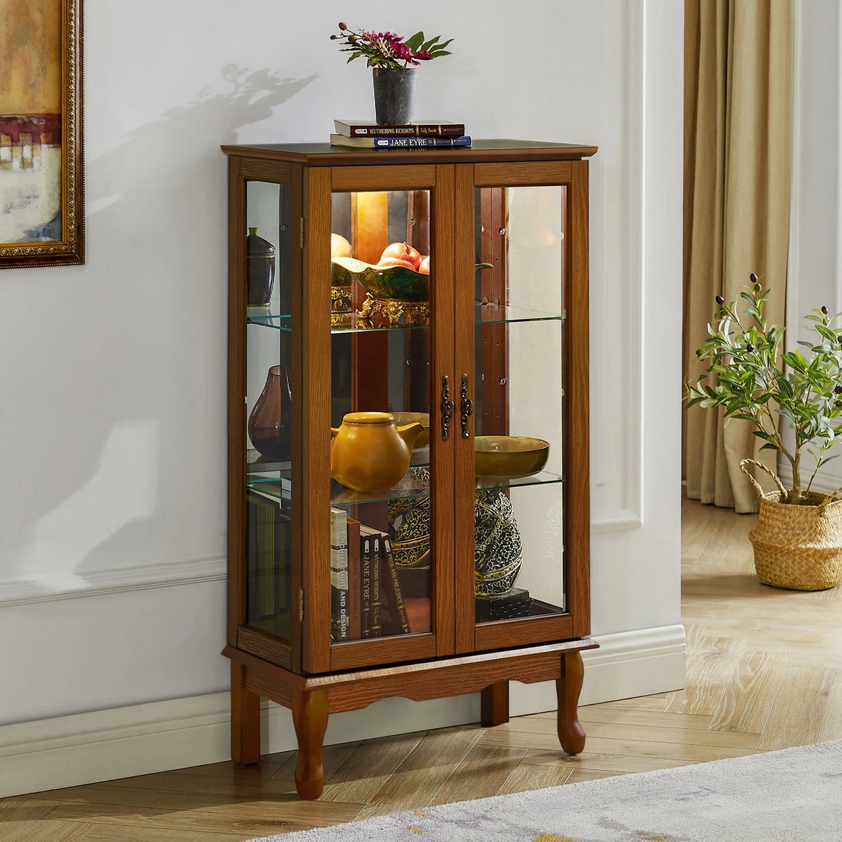 Lighted Oak Curio Cabinet With Adjustable Tempered Glass Shelves - Omega Lifestyles