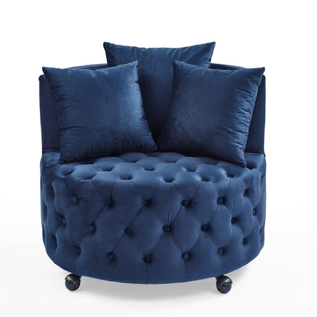 Velvet Upholstered Blue Swivel Chair With Pillows - Omega Lifestyles