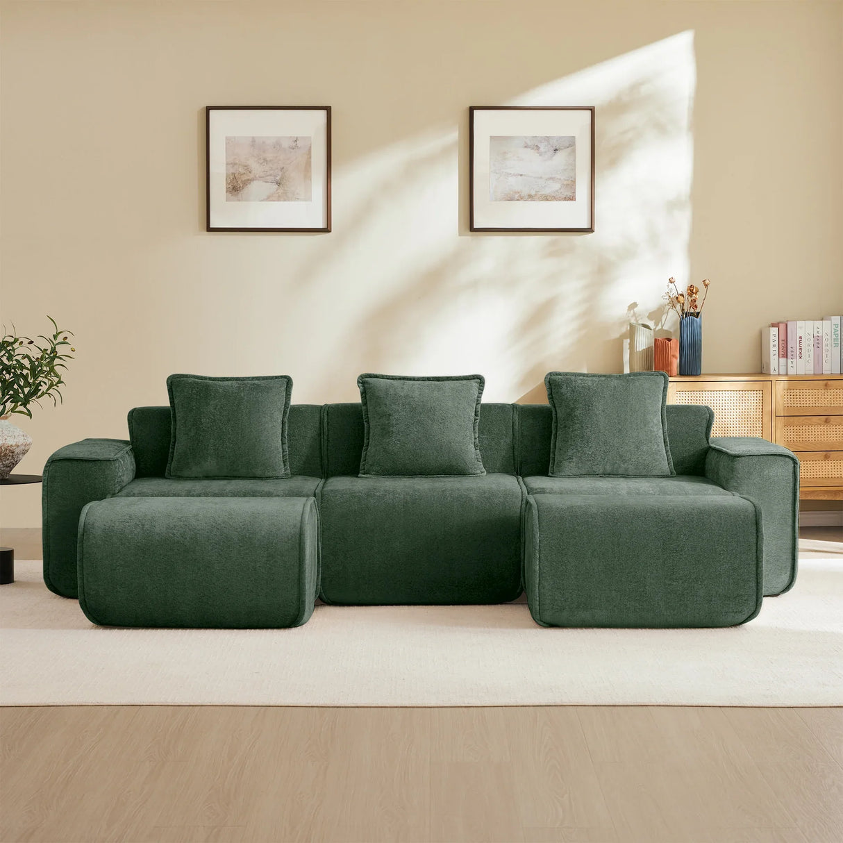 Modular 3-Seat Velvet Boneless Sectional Sofa With Ottoman - Omega Lifestyles