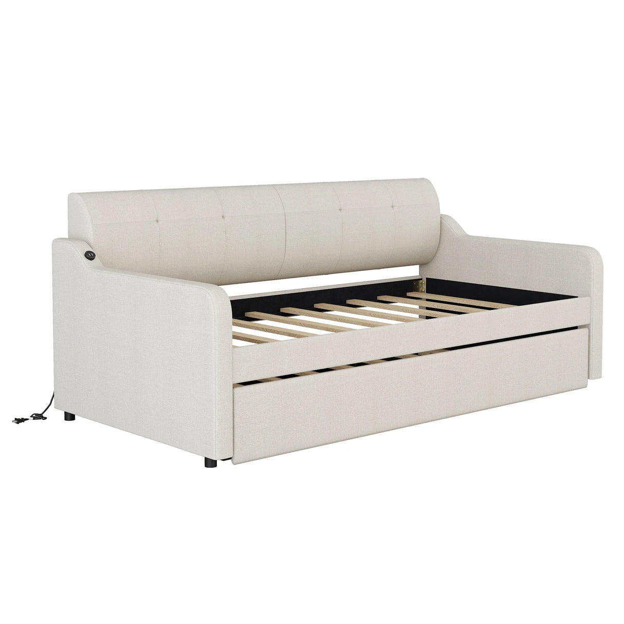 Twin Beige Upholstered Daybed With Trundle And USB Charging - Omega Lifestyles