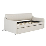 Twin Beige Upholstered Daybed With Trundle And USB Charging - Omega Lifestyles