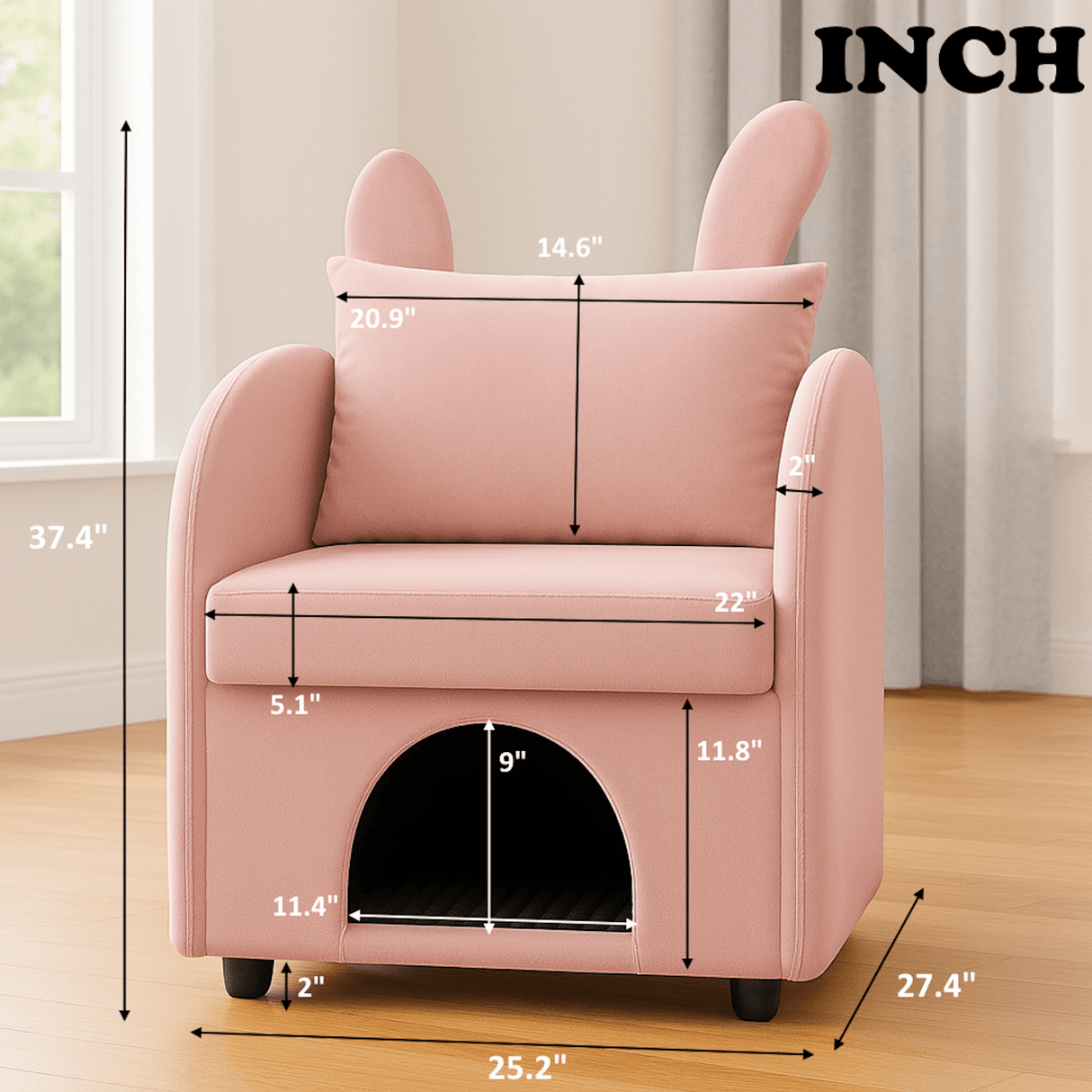 Velvet Pink Bunny Ear Pet-Friendly Armchair With Hideaway - Omega Lifestyles
