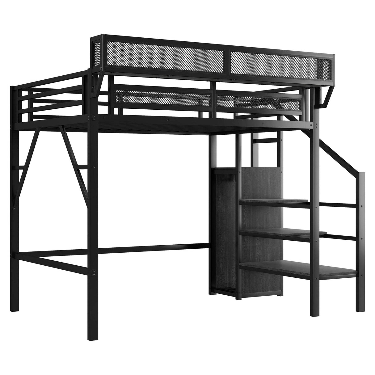Twin Metal Loft Bed With Stairs Storage Shelves - Omega Lifestyles