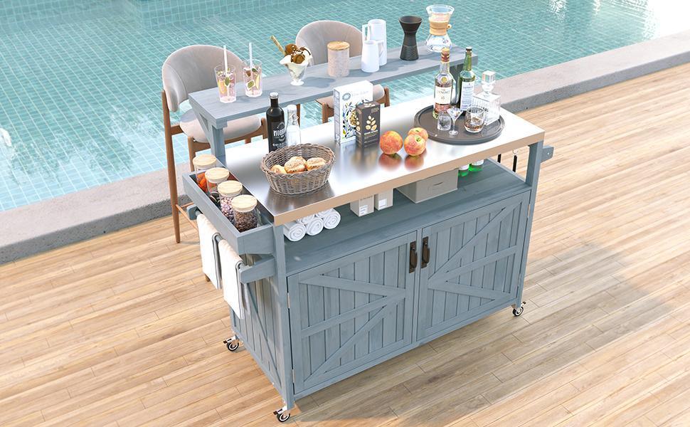 Outdoor Rolling Grill Cart With Raised Shelf Storage - Omega Lifestyles
