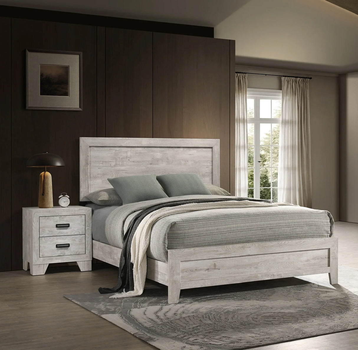 Transitional Whitewashed Wood 2-Drawer Bedside Cabinet - Omega Lifestyles