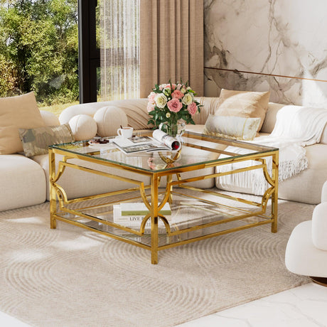 Modern Square Glass Coffee Table With Gold Metal Frame - Omega Lifestyles