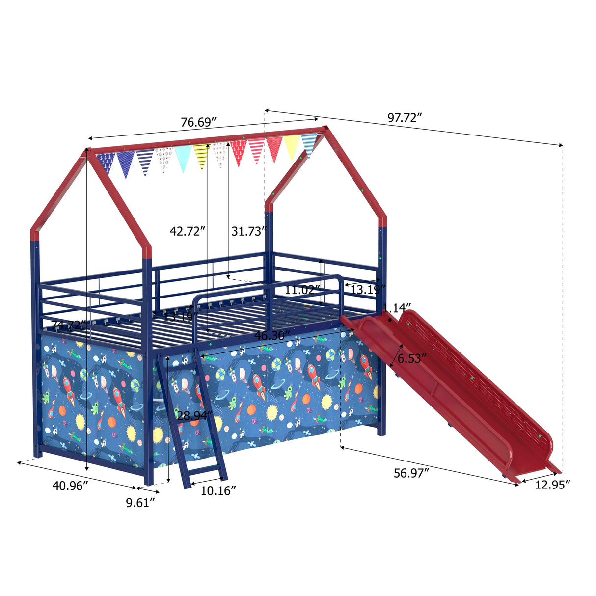 Twin Metal Junior House Loft Bed With Slide And Curtain - Omega Lifestyles
