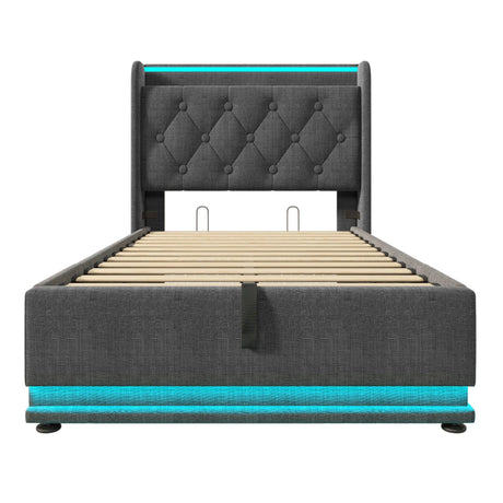 Twin Upholstered Linen Storage Bed With LED Lighting - Omega Lifestyles