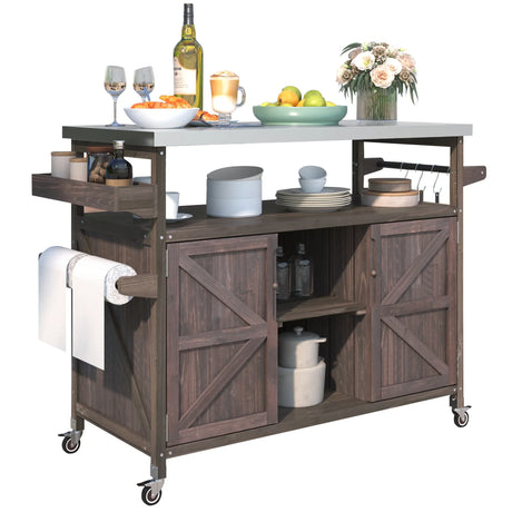 Farmhouse Solid Fir Wood Outdoor Bar Cart With Stainless Steel Top - Omega Lifestyles