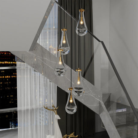 5-Light Brass Raindrop Glass Adjustable Pendant Chandelier - Omega Lifestyles