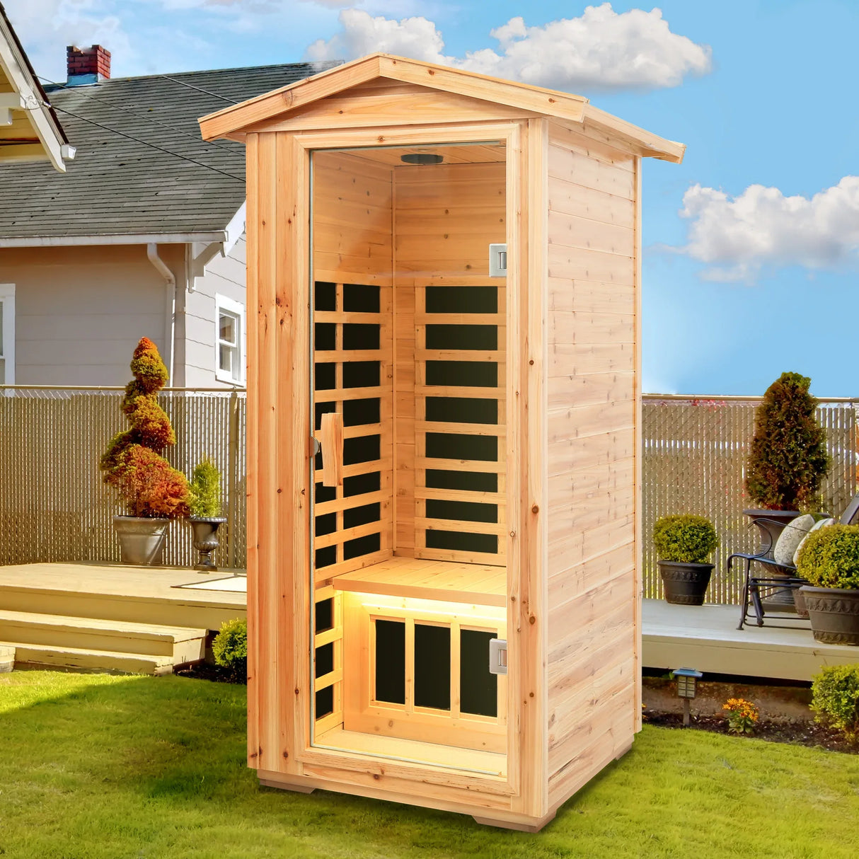Far Infrared Old Fir Outdoor One-Person Sauna Room - Omega Lifestyles