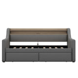 Twin Linen Upholstered Daybed With Storage Drawers Charging Station - Omega Lifestyles