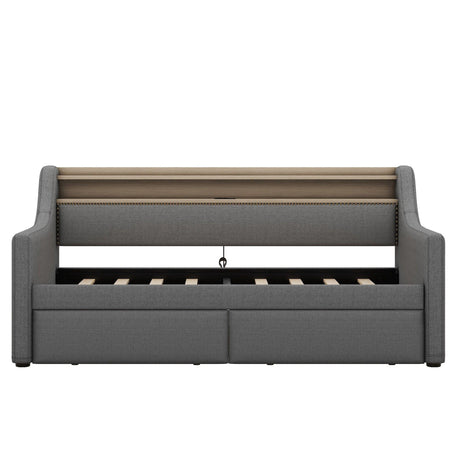 Twin Linen Upholstered Daybed With Storage Drawers Charging Station - Omega Lifestyles