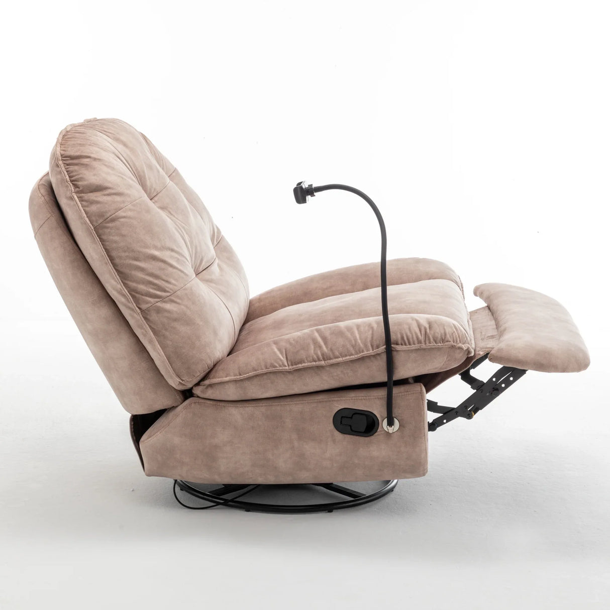 Modern Soft Velvet Swivel Gliding Recliner Chair With Phone Holder - Omega Lifestyles