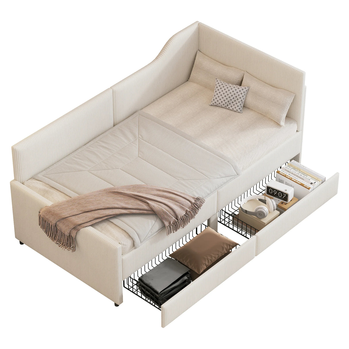Twin L-Shaped Corduroy Upholstered Daybed With Storage Drawers - Omega Lifestyles