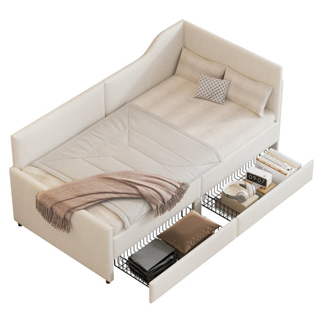 Twin L-Shaped Corduroy Upholstered Daybed With Storage Drawers - Omega Lifestyles