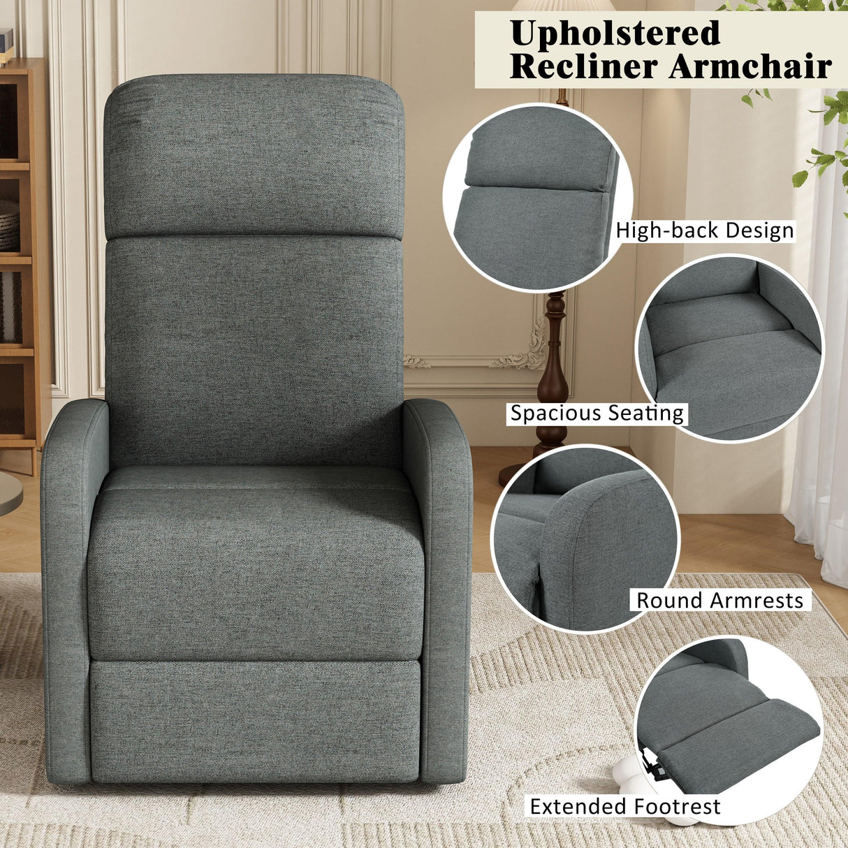 Manual Adjustable Recliner Chair Charcoal Polyester Upholstery - Omega Lifestyles