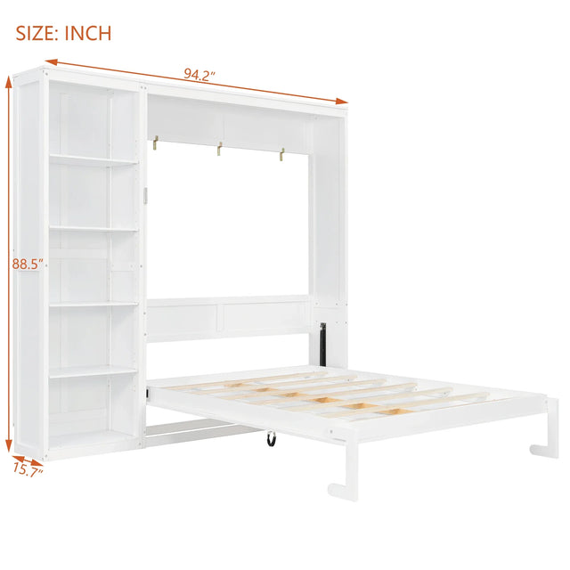 Queen Murphy Bed Wall Bed With Shelves White Solid Wood - Omega Lifestyles