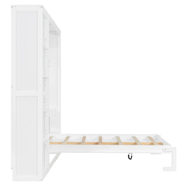 Queen Murphy Bed Wall Bed With Shelves White Solid Wood - Omega Lifestyles