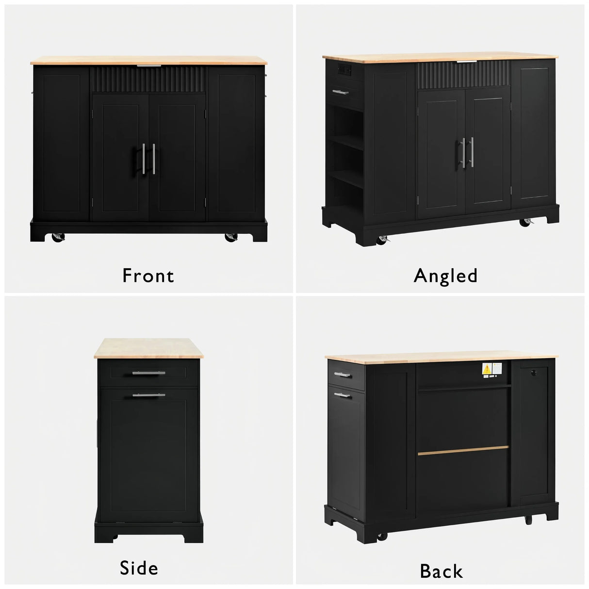 Fluted Rubber Wood Kitchen Island With Trash Can Cabinet - Omega Lifestyles