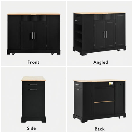 Fluted Rubber Wood Kitchen Island With Trash Can Cabinet - Omega Lifestyles