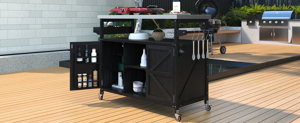 Farmhouse Solid Fir Wood Outdoor Kitchen Island Cart - Omega Lifestyles