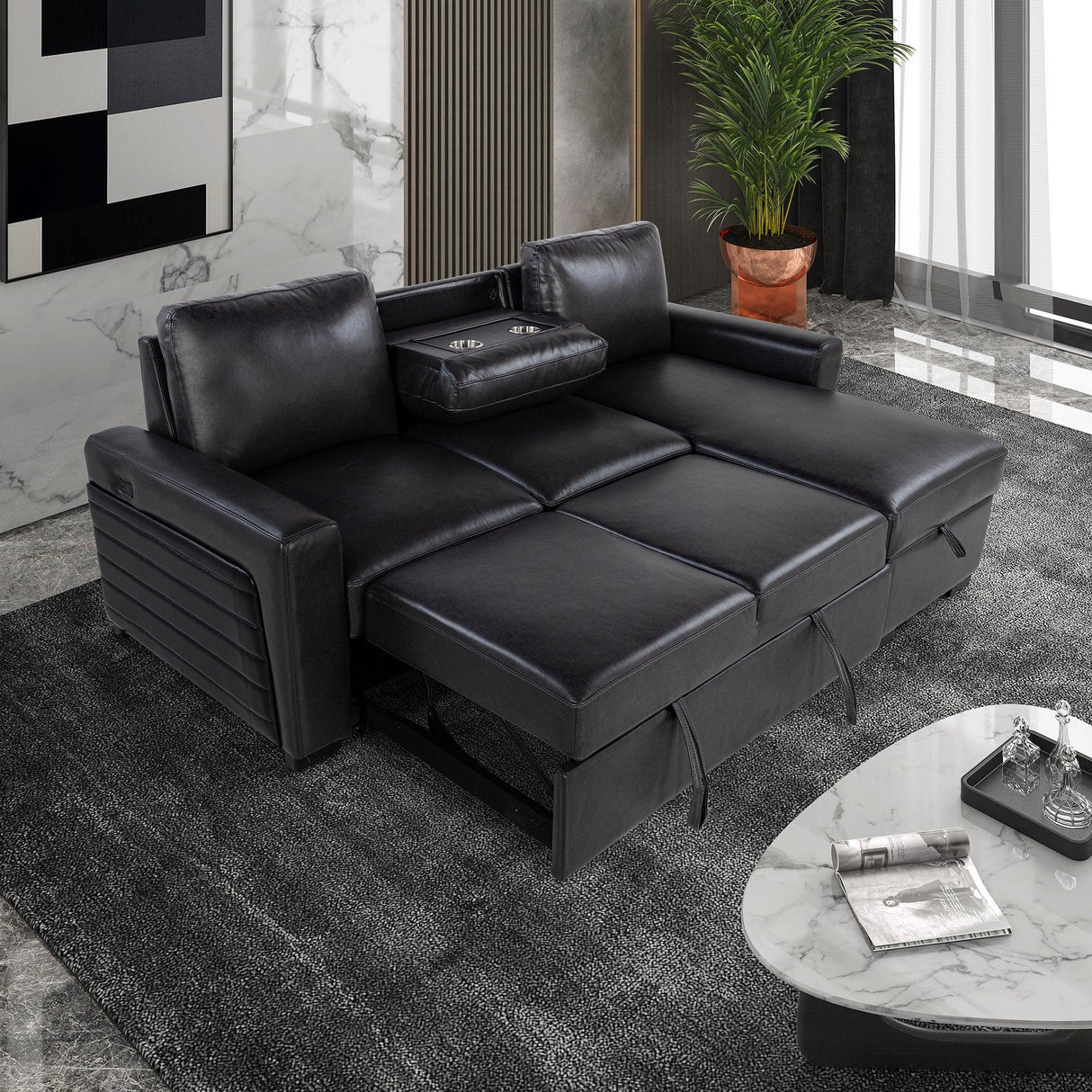 Modern Charcoal Wood Frame Sofabed With Pull-Out Bed - Omega Lifestyles