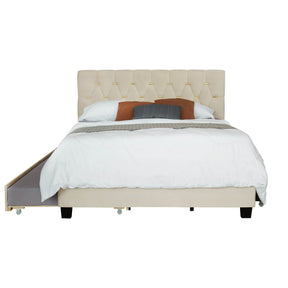 Beige Velvet Upholstered Queen Bed Frame With Trundle - Omega Lifestyles