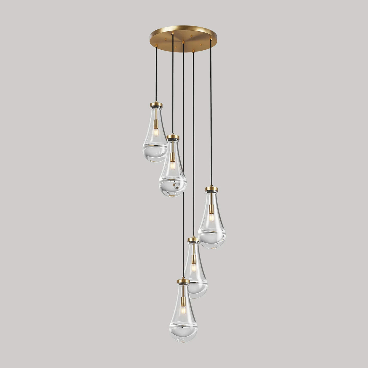 5-Light Brass Raindrop Glass Adjustable Pendant Chandelier - Omega Lifestyles
