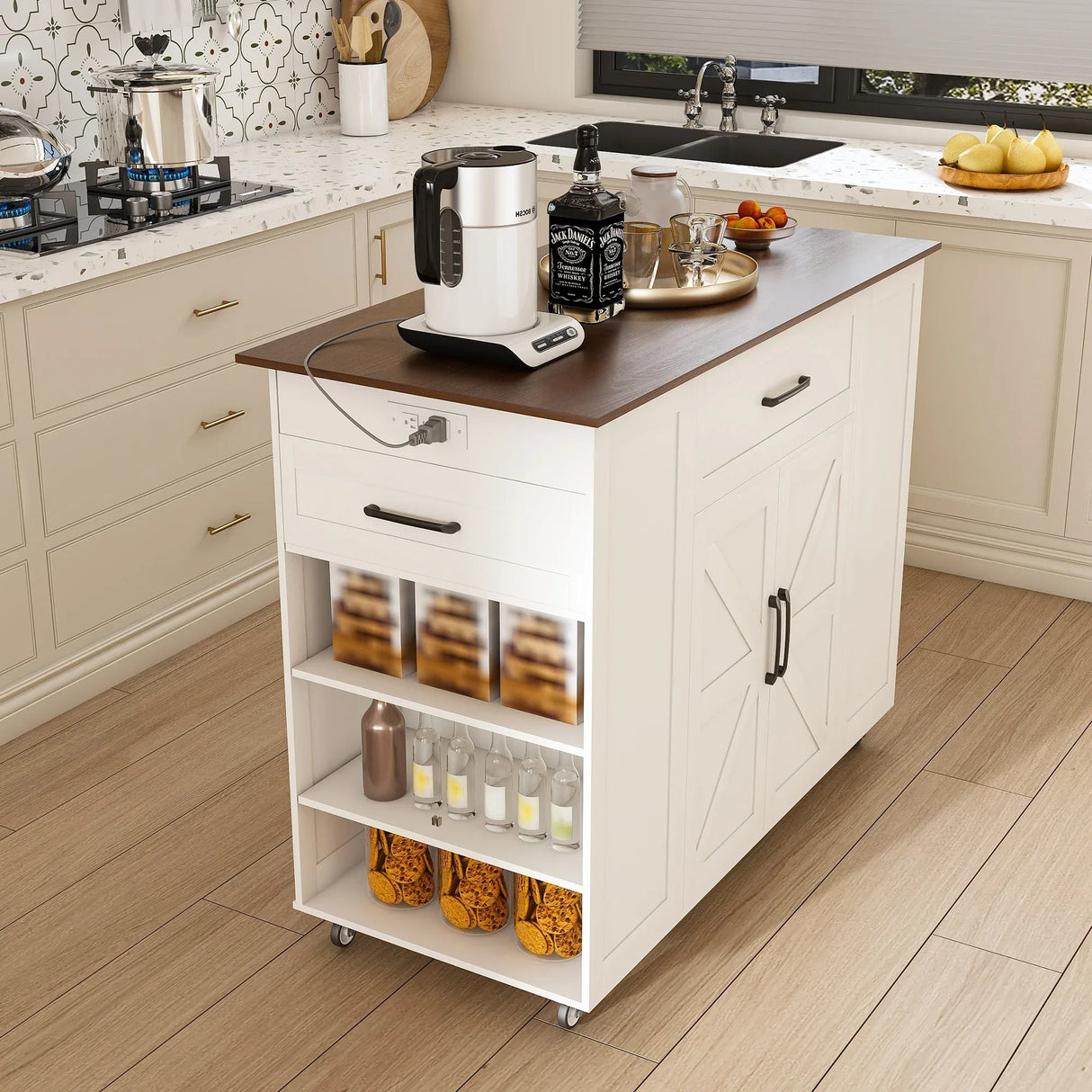 Rustic Mobile Kitchen Island With Storage And Power Outlet - Omega Lifestyles