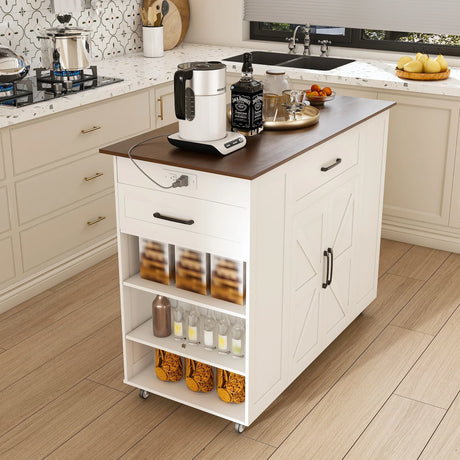 Rustic Mobile Kitchen Island With Storage And Power Outlet - Omega Lifestyles