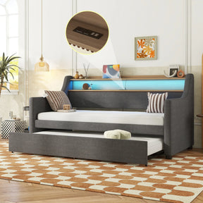 Twin Linen Upholstered Daybed With Trundle Charging Station - Omega Lifestyles