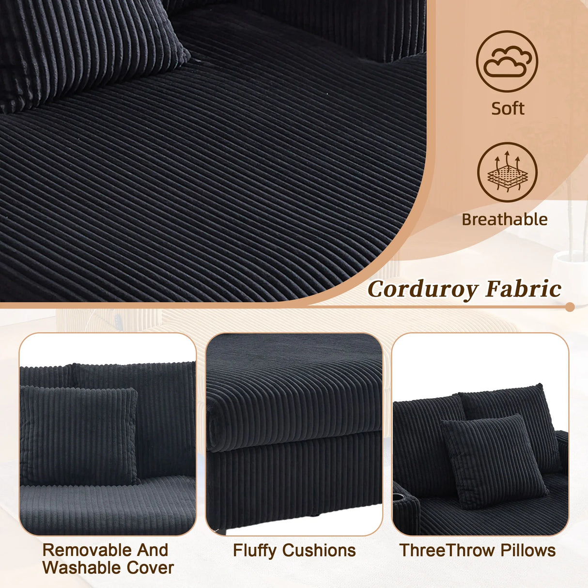 Oversized Corduroy Recliner Sofa With USB Charging - Omega Lifestyles