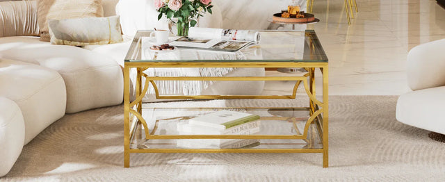 Modern Square Glass Coffee Table With Gold Metal Frame - Omega Lifestyles